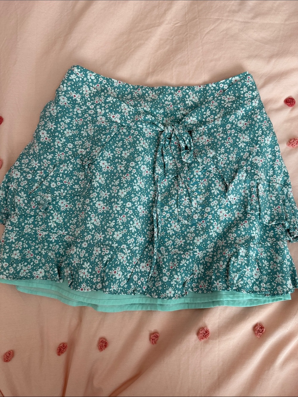 Teal Floral Mini Skirt with Elastic Waist